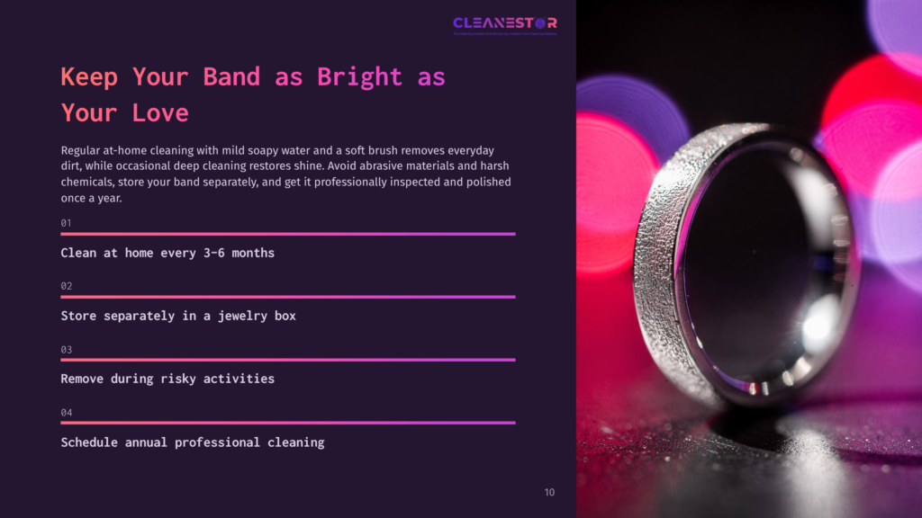 10 Keep Your Band As Bright As Your Love Close-Up Of A Textured Silver Wedding Band On A Dark, Reflective Surface, With Blurred Colorful Bokeh Lights In The Background. Text Overlays From A Cleaning Guide.