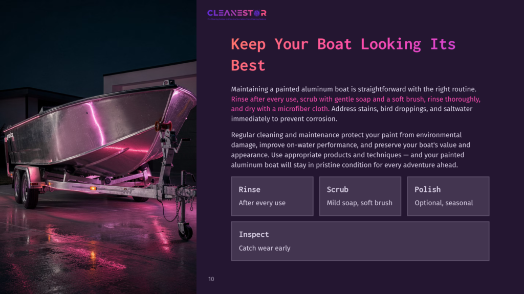 A Clean Aluminum Boat On A Trailer At Night, With The Text &Quot;Cleanestor Keep Your Boat Looking Its Best&Quot; Visible.