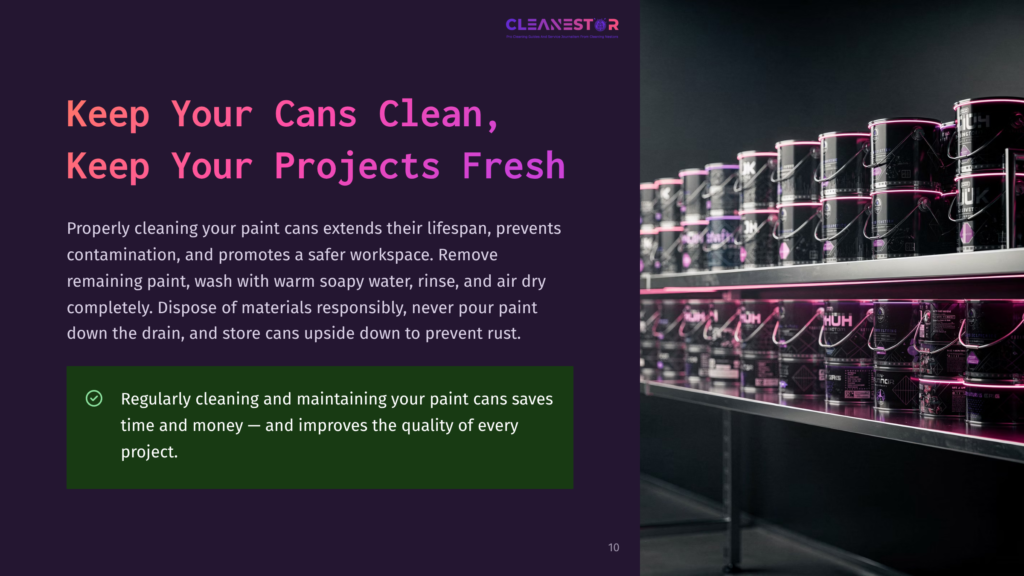 Rows Of Colorful Paint Cans, Predominantly Red And Blue, Sit Neatly On Metal Shelves In A Workshop. The Cleanestor Logo Is Visible On The Wall.