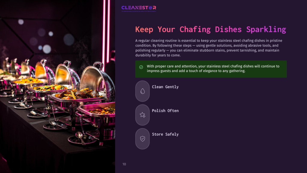 A Buffet Spread Of Chafing Dishes Filled With Food, With A Text Overlay From Cleanestor About Keeping Chafing Dishes Sparkling.