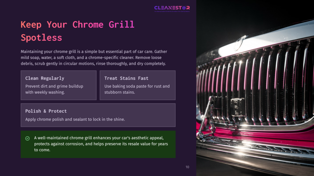 Close-Up Of A Shiny Chrome Car Grill With Pink Accents. Text Overlay Reads: &Quot;Cleanestor&Quot;, &Quot;Keep Your Chrome Grill Spotless&Quot;, &Quot;Clean Regularly&Quot;, &Quot;Treat Stains Fast&Quot;, &Quot;Polish &Amp; Protect&Quot;.
