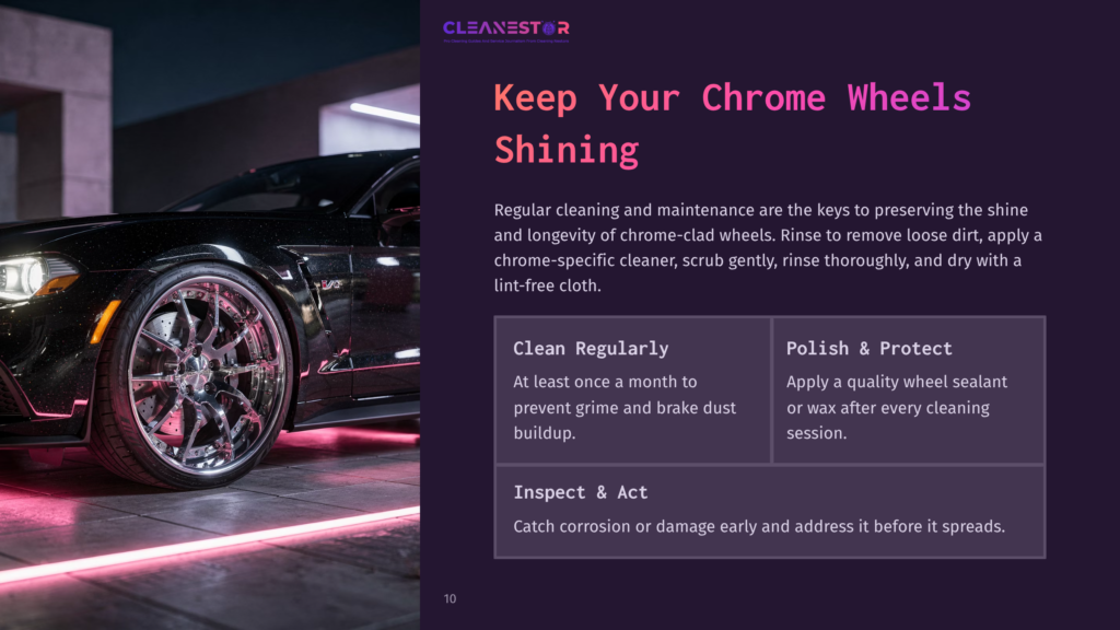 Close-Up Of A Gleaming Chrome Wheel On A Black Luxury Car, With Pink Neon Lights Reflecting On The Polished Surface. Text Overlay: &Quot;Keep Your Chrome Wheels Shining.