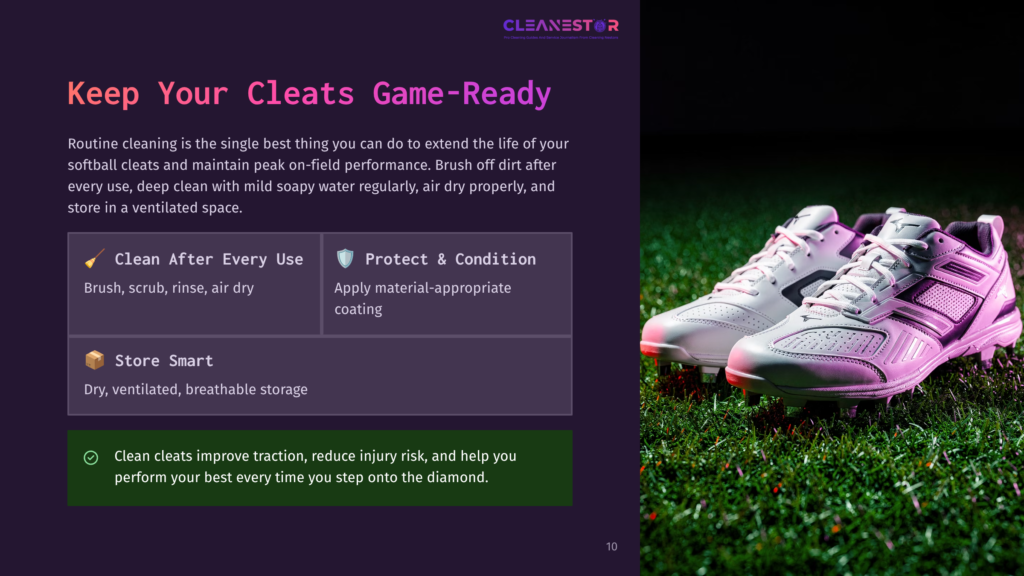 Close-Up Of Two Pairs Of White And Black Athletic Cleats Resting On Lush Green Grass, With A Dark Background And The Text &Quot;Cleanestor&Quot; At The Top.