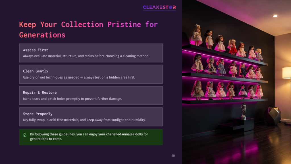 A Collection Of Annalee Dolls Displayed On Shelves With Purple Led Lighting. Text Overlay Reads: &Quot;Keep Your Collection Pristine For Generations&Quot; And Provides Cleaning And Storage Tips.