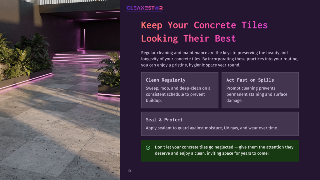 A Modern, Minimalist Outdoor Patio Space With Large Concrete Tiles And Glowing Pink Neon Lights. The Text &Quot;Cleanestor&Quot; Is Visible At The Top.