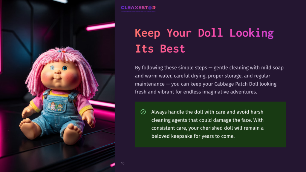 A Cabbage Patch Kid Doll With Bright Pink Yarn Hair, Blue Eyes, And A Denim Overalls Outfit Sits On A Dark, Reflective Surface. Text On The Right Reads &Quot;Keep Your Doll Looking Its Best&Quot; And &Quot;Cleanestor&Quot;.