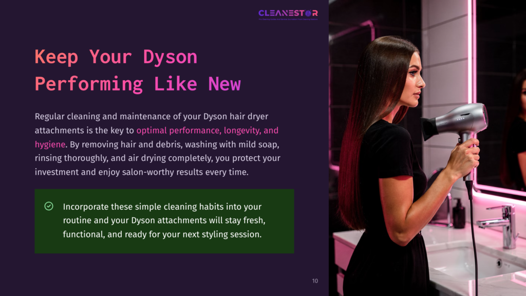 A Woman With Long Dark Hair Uses A Silver Dyson Hair Dryer In A Modern, Well-Lit Bathroom. The Text &Quot;Cleanestar&Quot; Is Visible At The Top.