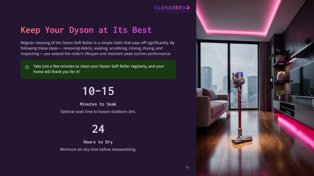 A Sleek, Red Dyson Vacuum Cleaner Stands On A Polished Wooden Floor In A Modern Living Room With Vibrant Pink Neon Lights. Text Overlays Provide Cleaning Tips And Time Estimates For A Dyson Soft Roller.