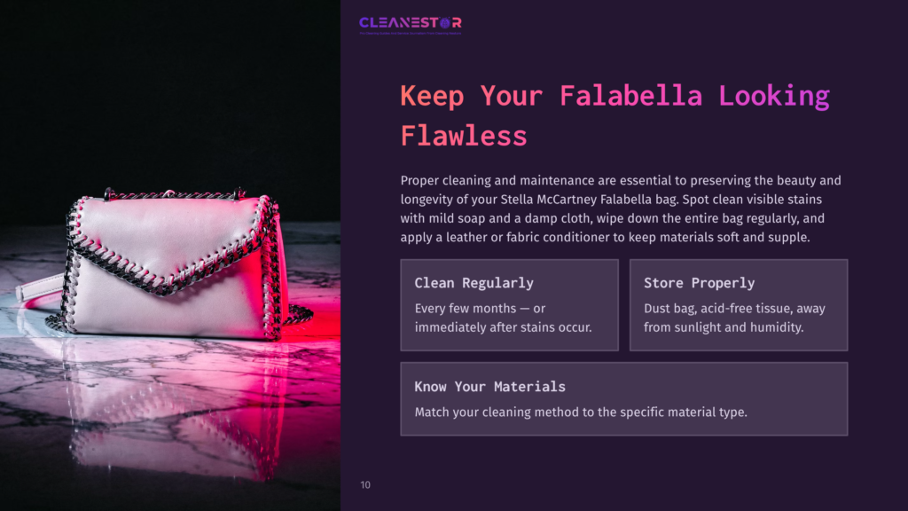 10 Keep Your Falabella Looking Flawless A Light Pink Stella Mccartney Falabella Bag With Silver Chain Detailing Rests On A Reflective Marble Surface, Illuminated By Vibrant Pink Lighting. Text Overlay Reads &Quot;Cleanestor&Quot; And &Quot;Keep Your Falabella Looking Flawless&Quot;.