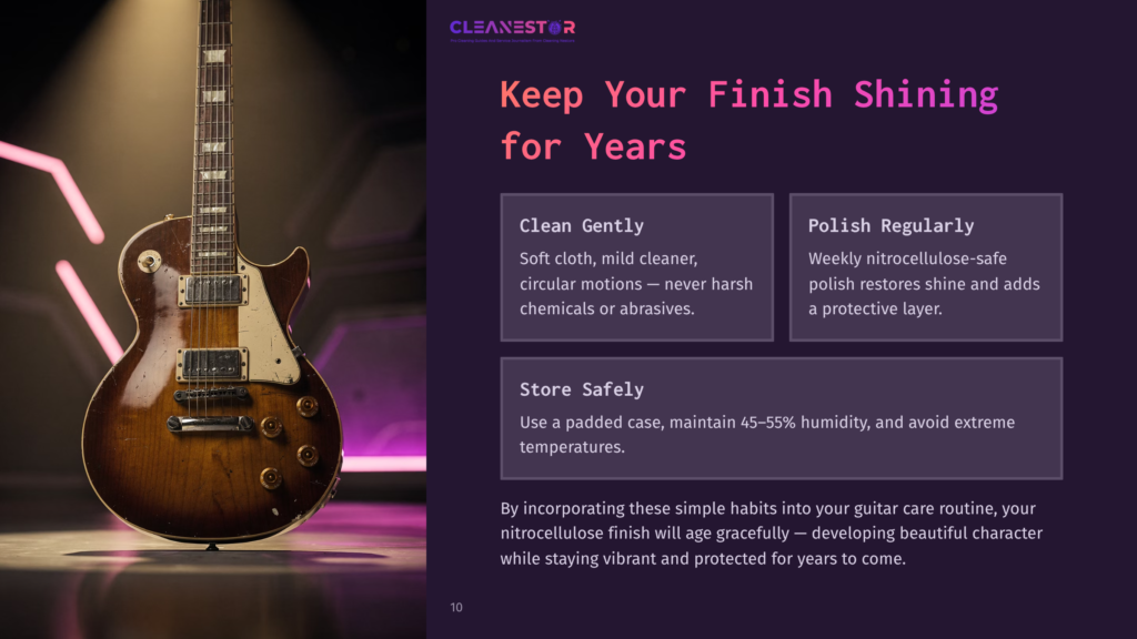 A Vintage Sunburst Electric Guitar With A Dark Wood Finish Stands Upright, Illuminated By Dramatic Purple And Pink Lighting. Text Overlays Read &Quot;Cleanestor&Quot; And &Quot;Keep Your Finish Shining For Years.