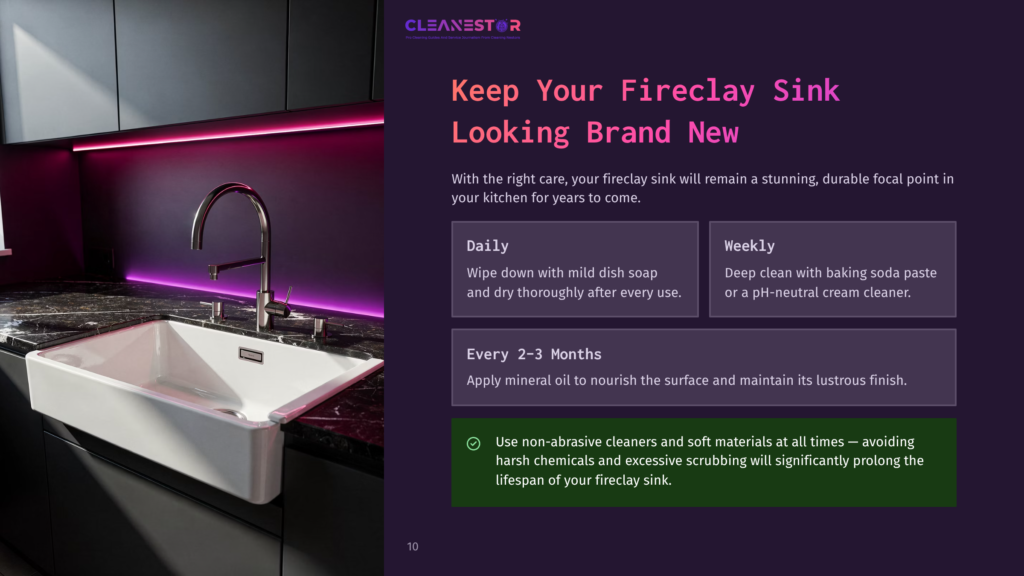 A White Fireclay Sink With A Modern Chrome Faucet Is Set Into A Dark Marble Countertop, Illuminated By Purple Led Lighting. Text Overlay Promotes Cleaning Tips For Fireclay Sinks.