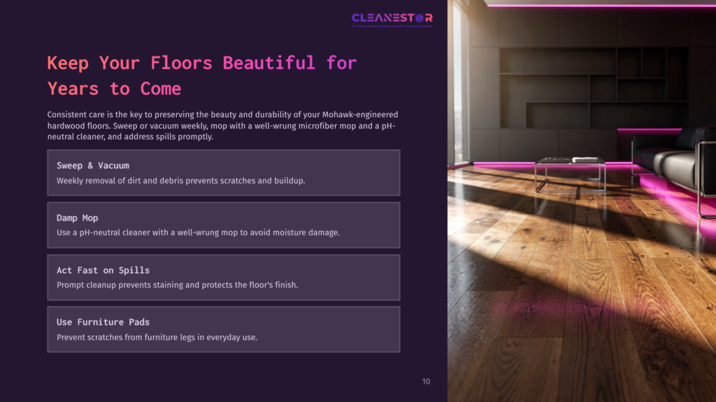 A Luxurious, Modern Living Room With A Polished Wooden Floor Illuminated By Vibrant Pink Neon Lights, Showcasing A Sleek Black Leather Sofa. Text Overlays On The Left Detail Floor Cleaning Tips: &Quot;Sweep &Amp; Vacuum,&Quot; &Quot;Damp Mop,&Quot; &Quot;Act Fast On Spills,&Quot; And &Quot;Use Furniture Pads.