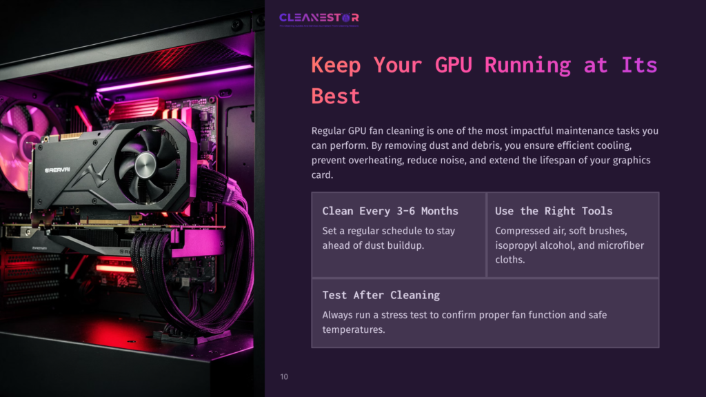 A High-End Gaming Pc With A Glowing Purple Gpu And Rgb Lighting. Text Overlay Reads: &Quot;Keep Your Gpu Running At Its Best.