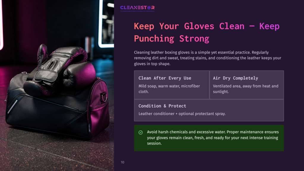 10 Keep Your Gloves Clean Keep Punching Strong Black Leather Boxing Gloves Rest On A Black Duffel Bag In A Gym, With Text &Quot;Cleanestor&Quot; And &Quot;Keep Your Gloves Clean - Keep Punching Strong&Quot; Overlayed.