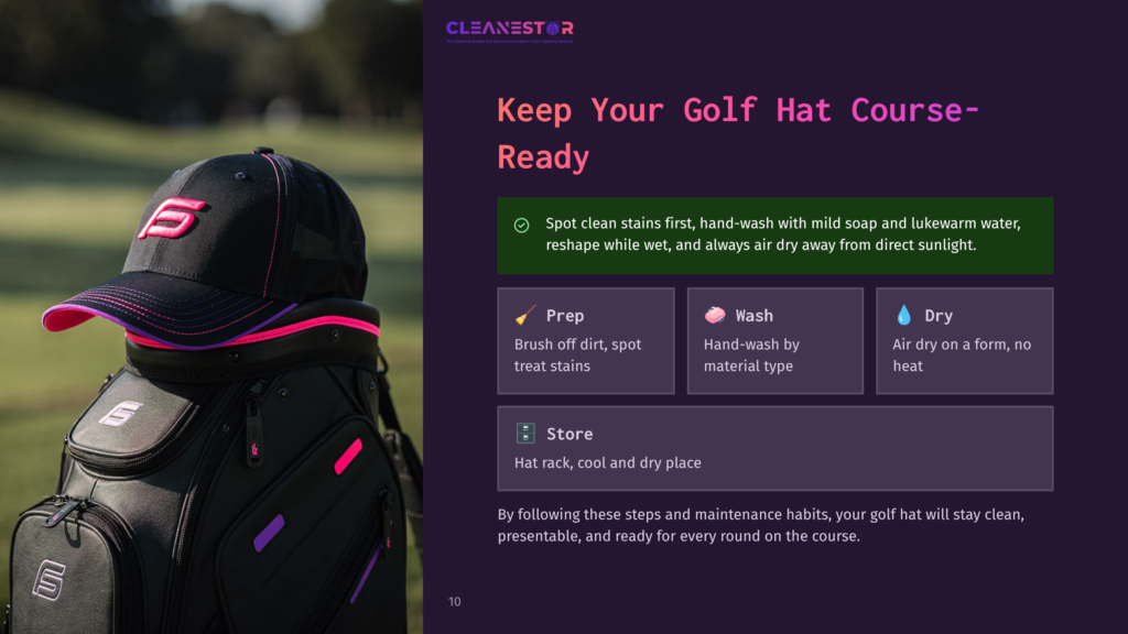A Black Golf Hat With Pink And Purple Accents Sits Atop A Black Golf Bag. The Image Includes Text About Keeping Golf Hats Clean And Course-Ready With Steps Like Prep, Wash, Dry, And Store.