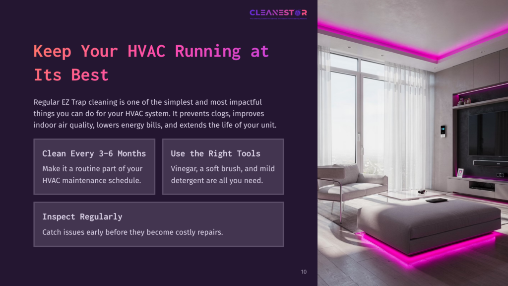 Modern Living Room With Minimalist Furniture, Pink Led Lighting, And A Large Tv. Text Overlay: &Quot;Cleanestor&Quot; And &Quot;Keep Your Hvac Running At Its Best&Quot;.