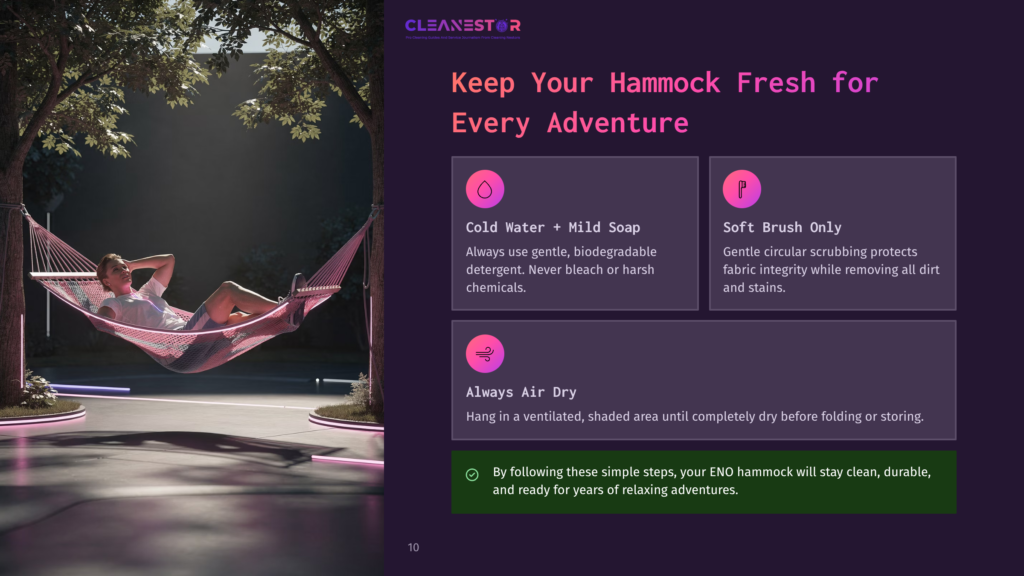 A Person Relaxes In A Pink Hammock Strung Between Two Trees, With Soft Lighting And Modern Outdoor Furniture In The Background. The Image Also Displays Text With Cleaning Instructions For A Hammock, Including &Quot;Cold Water + Mild Soap&Quot; And &Quot;Soft Brush Only.
