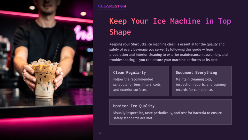 Cleanestor Logo Above A Barista Holding A Starbucks Iced Coffee With A Straw, With Neon Pink Lighting In The Background.
