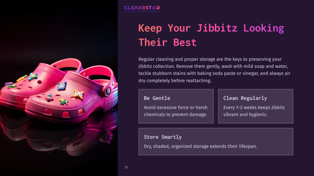 10 Keep Your Jibbitz Looking Their Best Bright Pink Crocs Adorned With Colorful Jibbitz Charms Sit On A Reflective Surface, With Text Overlaying The Right Side Of The Image Offering Tips On How To Keep Jibbitz Looking Their Best.