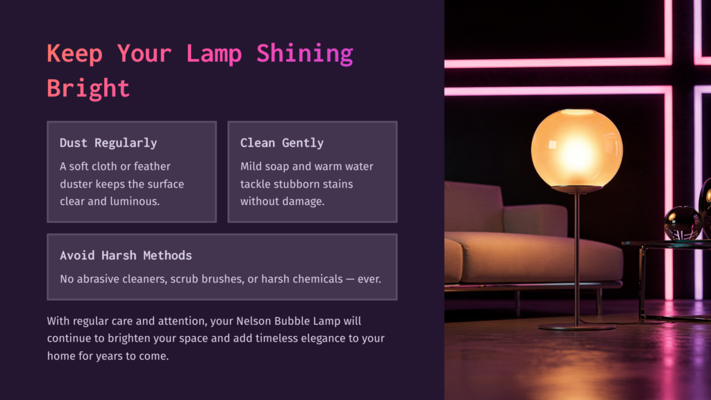 A Glowing Nelson Bubble Lamp Sits On A Modern Side Table Next To A Sofa, With Neon Pink Lights In The Background. Text Overlay Provides Cleaning Tips: &Quot;Keep Your Lamp Shining Bright,&Quot; &Quot;Dust Regularly,&Quot; &Quot;Clean Gently,&Quot; And &Quot;Avoid Harsh Methods.