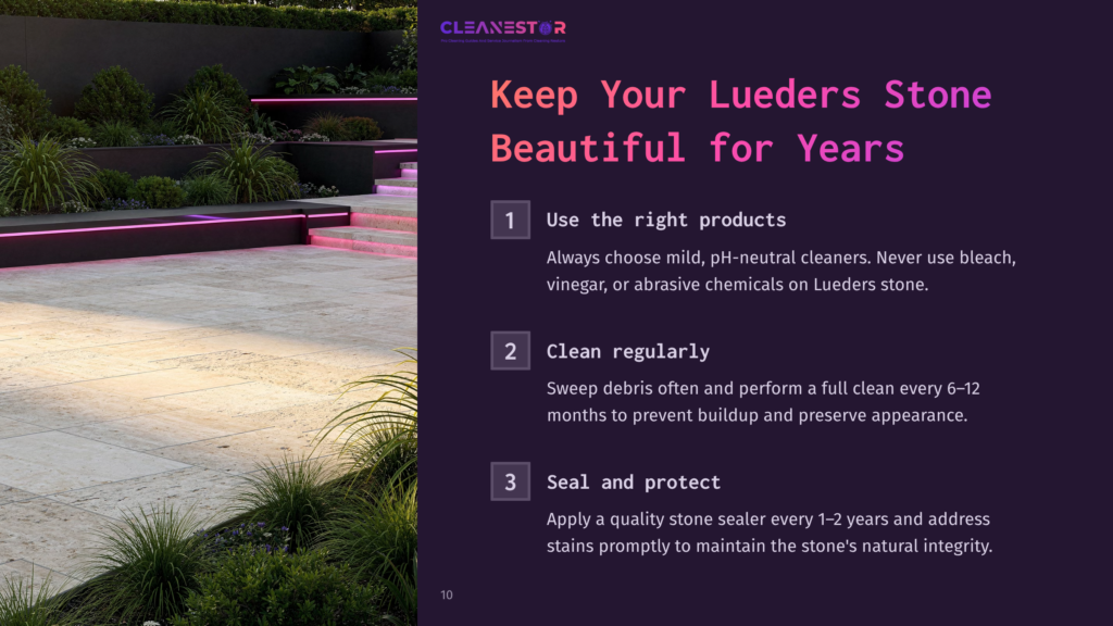 10 Keep Your Lueders Stone Beautiful For Years Modern Outdoor Patio With Lueders Stone Paving, Subtle Pink Uplighting, And Lush Landscaping. Text Overlay: &Quot;Keep Your Lueders Stone Beautiful For Years&Quot; With Care Tips.