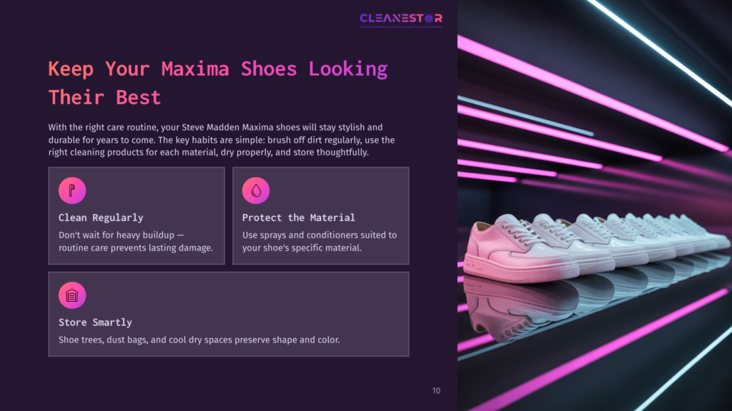 A Row Of Clean, White Maxima Sneakers Are Neatly Lined Up On A Reflective Surface, With Bright Pink And Purple Neon Lights Illuminating Them From The Side, Suggesting A Shoe Care Or Cleaning Concept.