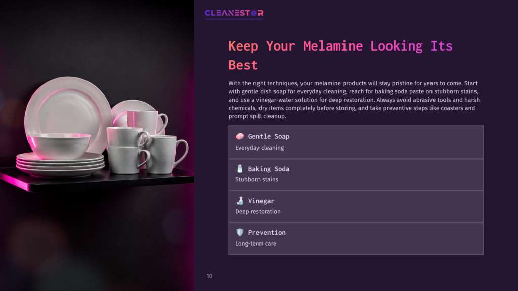 Cleanestor Logo And Text &Quot;Keep Your Melamine Looking Its Best&Quot; With Tips For Cleaning Melamine Dishes: Gentle Soap, Baking Soda, Vinegar, And Prevention.