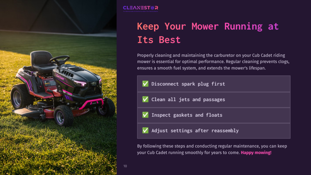 A Red And Black Cub Cadet Riding Mower With Pink Accents Sits On A Lush Green Lawn, With The Cleanestor Logo And Text &Quot;Keep Your Mower Running At Its Best&Quot; Visible On A Purple Overlay.