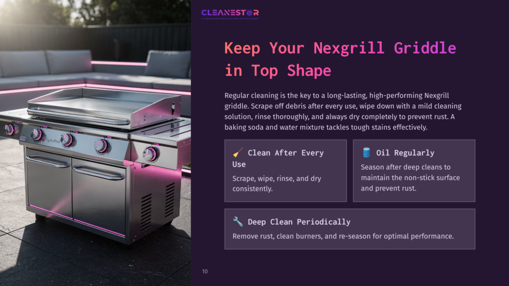A Shiny, Stainless Steel Nexgrill Griddle On A Patio, With The Cleanestor Logo And Cleaning Tips For Nexgrill Griddles Visible.