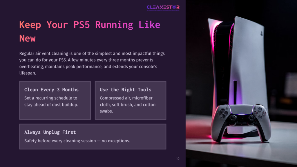 A Sleek Black Playstation 5 Console And Controller Are Illuminated By Vibrant Pink And Purple Led Lights, Suggesting A Gaming Setup. Text On The Left Provides Tips For Cleaning The Ps5, Including &Quot;Keep Your Ps5 Running Like New&Quot; And &Quot;Clean Every 3 Months.