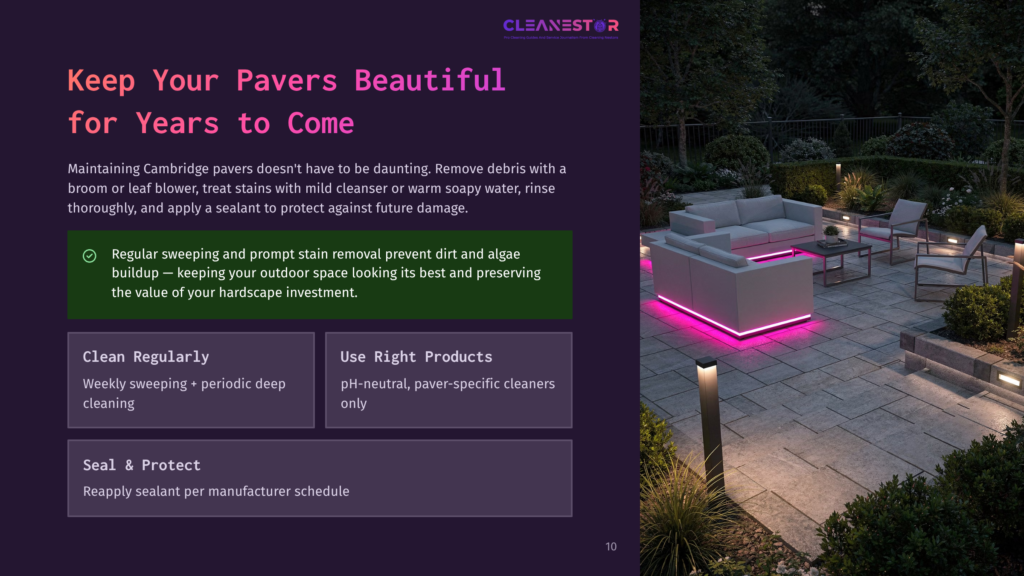 10 Keep Your Pavers Beautiful For Years To Come Modern Outdoor Patio With A Sectional Sofa And Ambient Pink Led Lighting, Surrounded By Stone Pavers, Low-Profile Lighting, And Lush Greenery. Text Overlay: &Quot;Keep Your Pavers Beautiful For Years To Come.