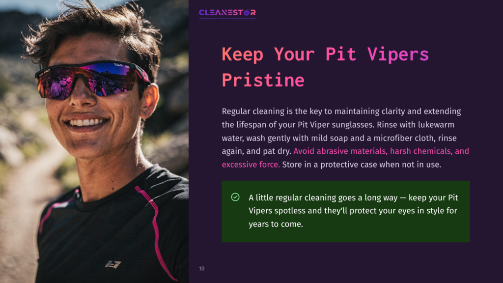 A Smiling Man With Sunglasses Reflecting A Landscape, Wearing A Black And Pink Athletic Shirt. Text Overlay Reads &Quot;Keep Your Pit Vipers Pristine&Quot; And &Quot;Cleanestor&Quot;.