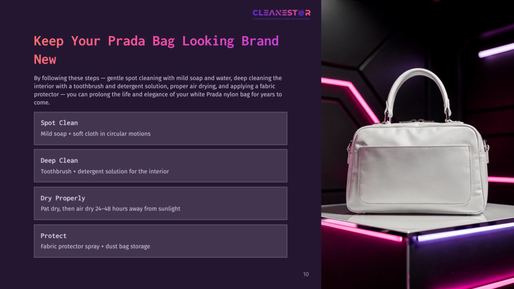 A White Prada Nylon Bag Sits On A Sleek, Modern Surface With Vibrant Purple And Pink Neon Lights Reflecting Off It. Text On The Left Details How To Clean And Protect A Prada Bag.