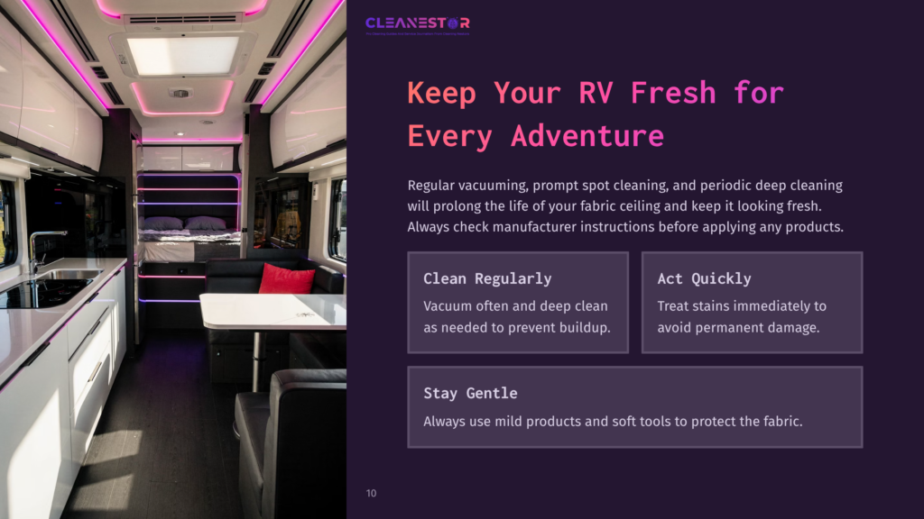 Interior Of A Modern Rv With Purple Led Accent Lighting, Featuring A Kitchen Area With A Stovetop And Sink, A Dining Table, And A Bed. Text Overlays Offer Tips For Keeping Rv Interiors Fresh.