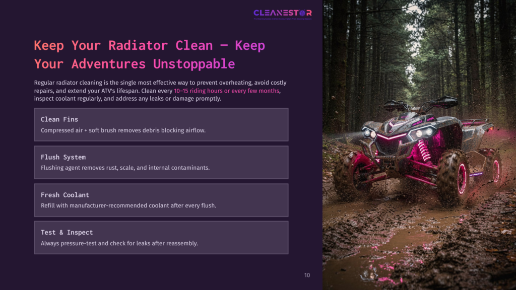 10 Keep Your Radiator Clean Keep Your Adventures Unstoppable A Powerful Atv With Bright Pink Neon Lights Rides Through A Muddy, Wooded Trail At Dusk. The Text &Quot;Cleanestor&Quot; Is Visible At The Top.