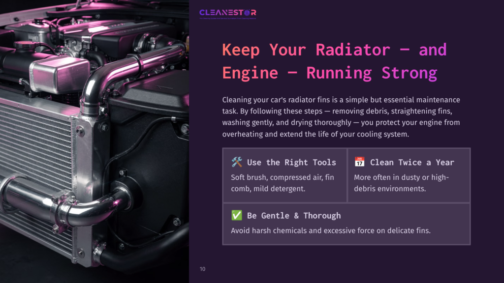 Close-Up Of A Car'S Radiator And Engine Bay, Featuring A Shiny Silver Radiator And Pink And Chrome Hoses Against A Dark Background. Text Overlay Reads &Quot;Cleanestor&Quot; And &Quot;Keep Your Radiator And Engine Running Strong&Quot;.