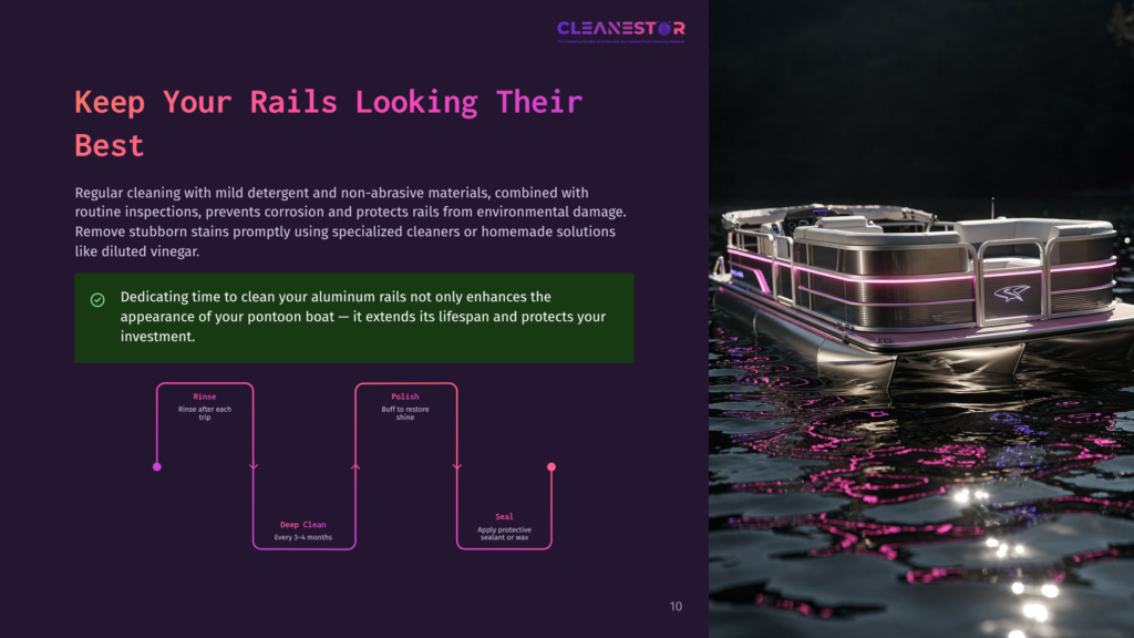 10 Keep Your Rails Looking Their Best A Pontoon Boat With Clean Aluminum Rails And Purple Led Lights Glides On Dark Water At Night, Reflecting The Lights On The Surface. Text Overlay Reads: &Quot;Cleanestor&Quot; And &Quot;Keep Your Rails Looking Their Best.