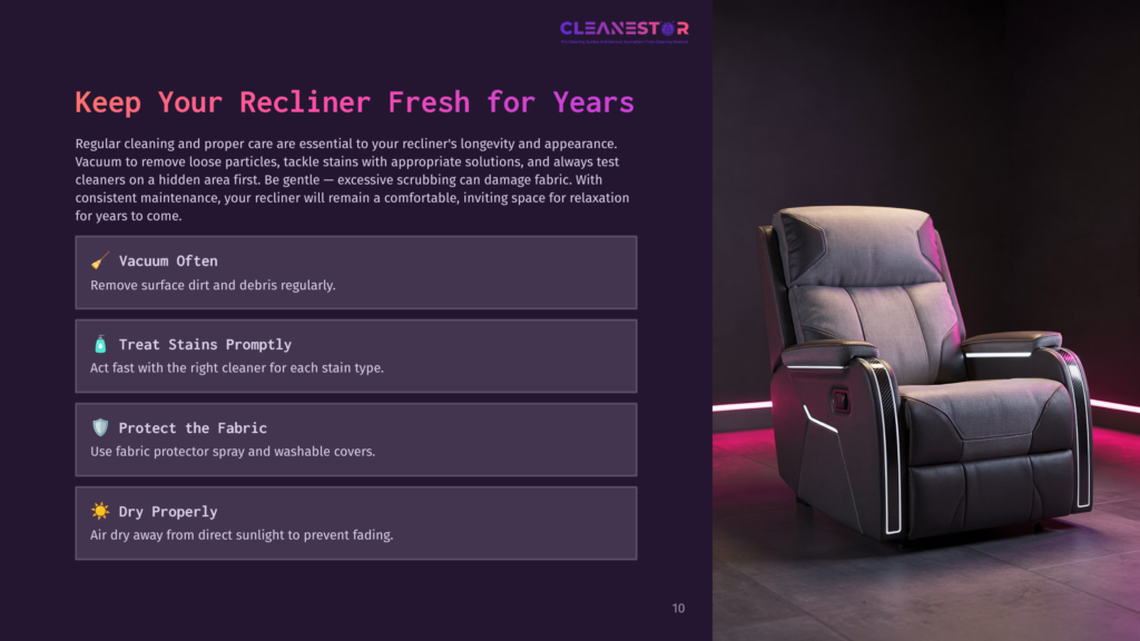 10 Keep Your Recliner Fresh For Years A Plush, Modern Gray Recliner Chair With Integrated Led Lighting Sits In A Dimly Lit Room. Text On The Left Advises On Keeping Recliners Clean: &Quot;Keep Your Recliner Fresh For Years,&Quot; With Tips Like &Quot;Vacuum Often&Quot; And &Quot;Treat Stains Promptly.