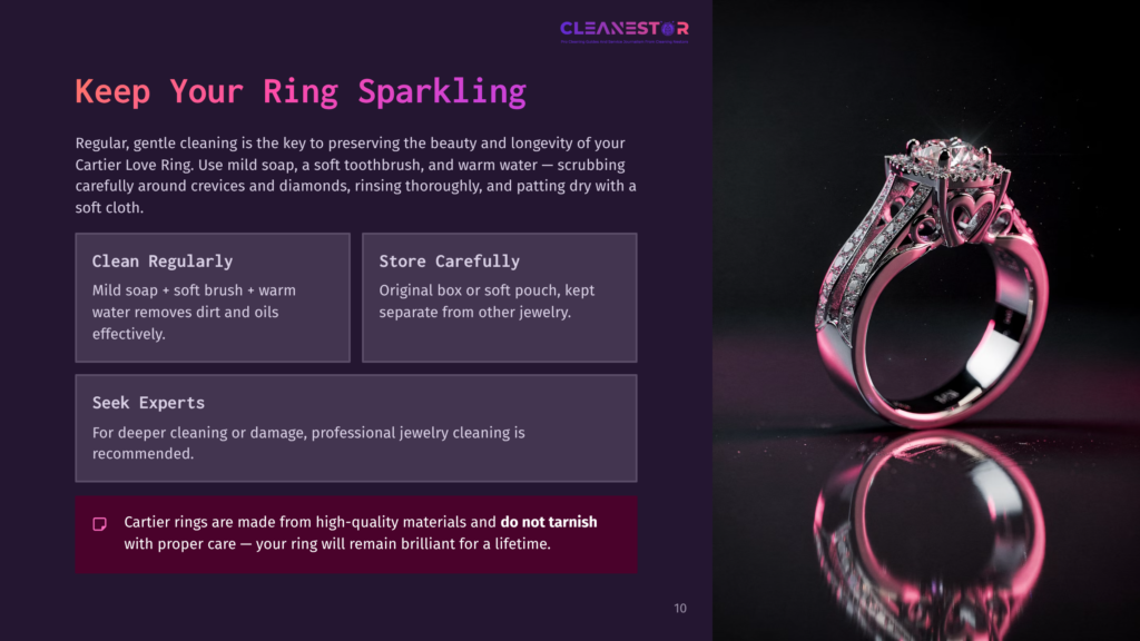10 Keep Your Ring Sparkling A Sparkling Diamond Ring With Intricate Filigree Is Displayed On A Dark, Reflective Surface, With A Soft Glow Illuminating Its Brilliance. The Text &Quot;Cleanestar&Quot; Is Visible At The Top.