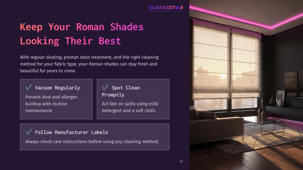 10 Keep Your Roman Shades Looking Their Best A Modern Living Room With Large Roman Shades Filtering Warm Sunset Light. Text Overlay Offers Tips For Keeping Roman Shades Clean, Including Vacuuming And Spot Cleaning.