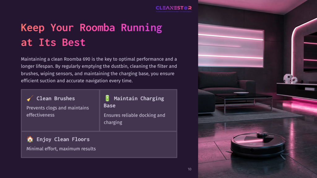 A Sleek, Black Roomba Robot Vacuum Cleaner Navigates A Modern Living Room With Neon Pink Lighting. Text Overlays On The Left Promote &Quot;Cleanestor&Quot; And &Quot;Keep Your Roomba Running At Its Best,&Quot; Highlighting Features Like Clean Brushes, Charging, And Clean Floors.