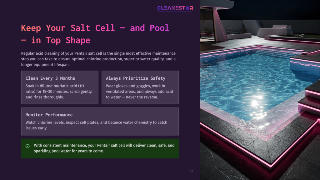 A Clean, Modern Swimming Pool At Night, Illuminated By Pink And Blue Lights, With A Sleek Patio Area. Text Overlay Reads: &Quot;Cleanestor&Quot;, &Quot;Keep Your Salt Cell - And Pool - In Top Shape&Quot;, And &Quot;Always Prioritize Safety&Quot;.