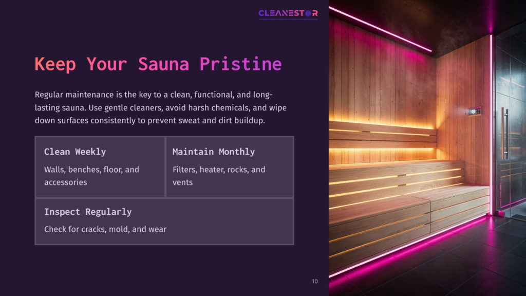 Interior Of A Modern Sauna With Wooden Benches And Vibrant Pink Neon Lighting. Text Overlay Reads: &Quot;Cleanestor. Keep Your Sauna Pristine.