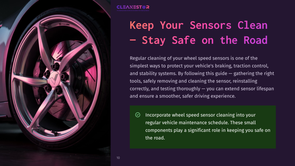 Close-Up Of A Clean Car Wheel With A Silver Rim And Red Brake Rotor, Illuminated By Pink And Purple Lights. Text Overlay Reads &Quot;Cleanestor&Quot; And &Quot;Keep Your Sensors Clean - Stay Safe On The Road&Quot;.