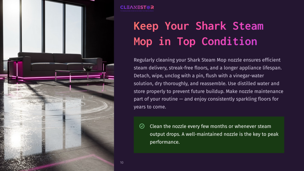 Cleanestor Logo And Text &Quot;Keep Your Shark Steam Mop In Top Condition&Quot; On A Dark Background, With An Image Of A Modern Living Room With A Wet Floor Reflecting Pink Neon Lights.