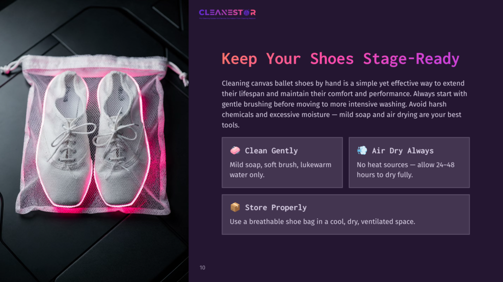 Cleanestor Canvas Ballet Shoes In A Mesh Bag, With &Quot;Clean Gently,&Quot; &Quot;Air Dry Always,&Quot; And &Quot;Store Properly&Quot; Text Overlays, Suggesting Shoe Care Tips.