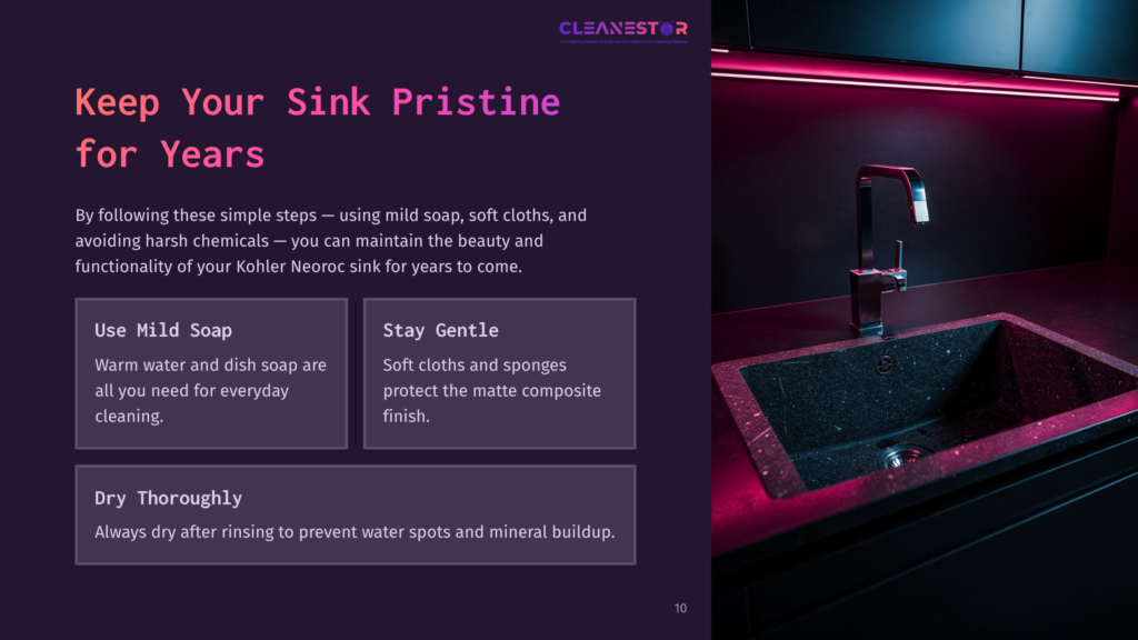 A Modern Black Granite Composite Sink With A Sleek Chrome Faucet Is Illuminated By Vibrant Pink Led Lights, Creating A Dramatic And Clean Aesthetic. Text Overlay Reads &Quot;Cleanestor&Quot; And &Quot;Keep Your Sink Pristine For Years&Quot;.