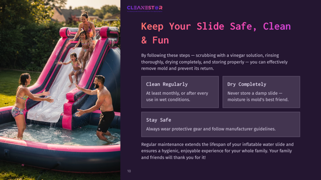 10 Keep Your Slide Safe Clean And Fun A Colorful Inflatable Water Slide With A Pool Is Set Up In A Backyard, With A Family Enjoying Splashing Fun On A Sunny Day. Text Overlay: &Quot;Cleanestor Keep Your Slide Safe, Clean &Amp; Fun