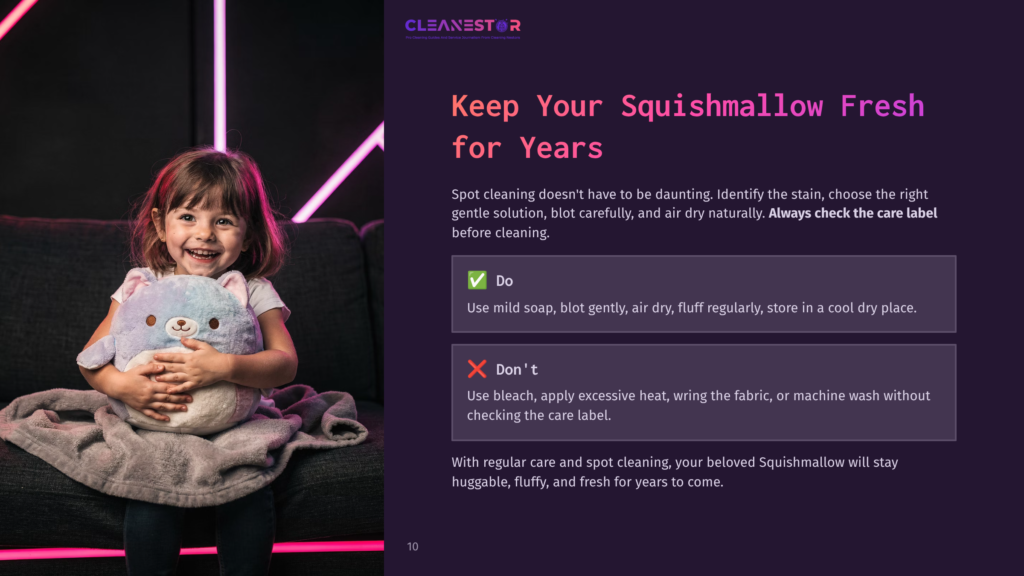 A Smiling Young Girl With Blonde Hair Hugs A Blue And Purple Squishmallow Plush Toy While Wrapped In A Gray Blanket, Sitting On A Dark Sofa. The Image Includes Text About Cleaning Squishmallows.