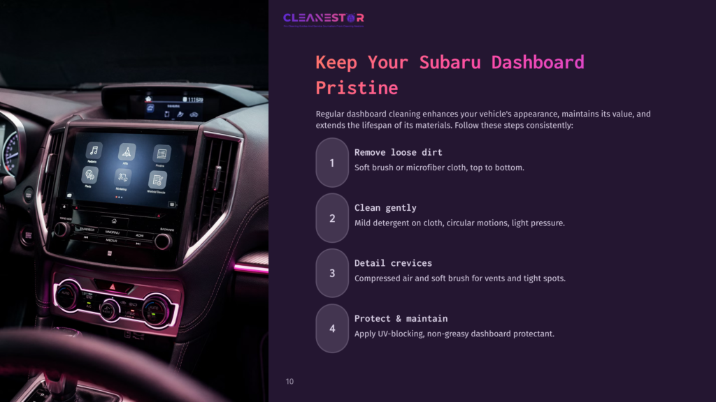 10 Keep Your Subaru Dashboard Pristine Close-Up Of A Modern Subaru Dashboard With A Large Touchscreen Display Showing Navigation And Media Options. The Dashboard Is Illuminated By Ambient Interior Lighting.